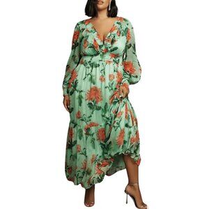 Anthropologie The Odetta Ruffled V-Neck Floral Midi Romantic Boho Dress Derby